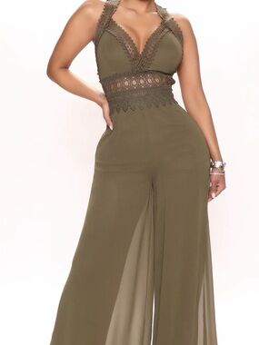 Fashion Nova Olive Crochet-Trim Wide Leg Jumpsuit